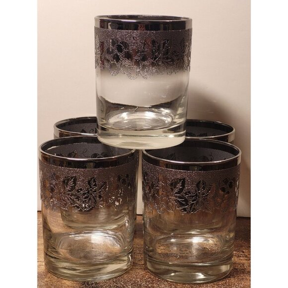 MCM Silver Fade Ombre Old Fashioned Glasses Set of 5 Textured Grapes & Leaves - Picture 2 of 12